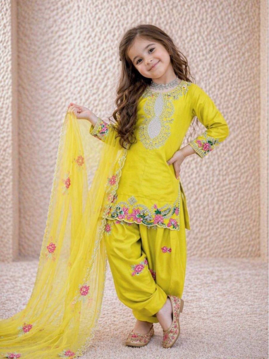 Yellow Pure Heavy Natural Crepe Embroidered Sequins Ethnic Casual Festival Party Ready Salwars Girls Wear