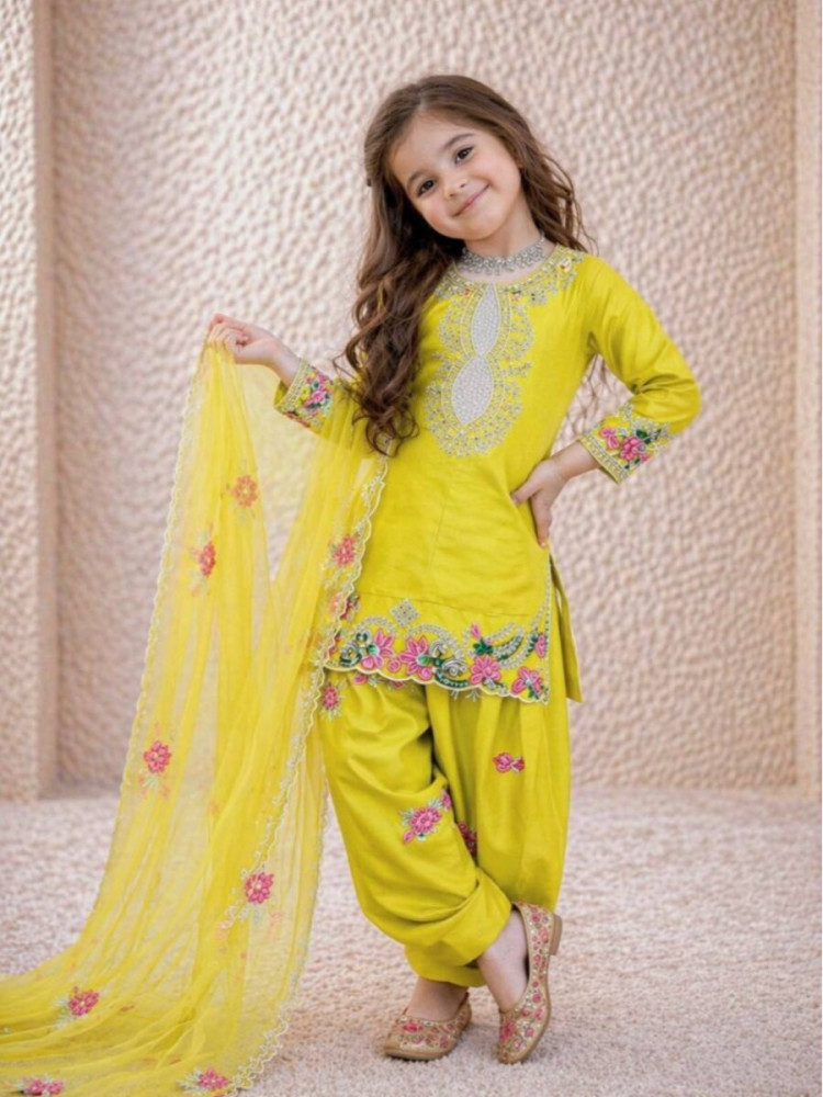 Image of Yellow Pure Heavy Natural Crepe Embroidered Sequins Ethnic Casual Festival Party Ready Salwars Girls Wear