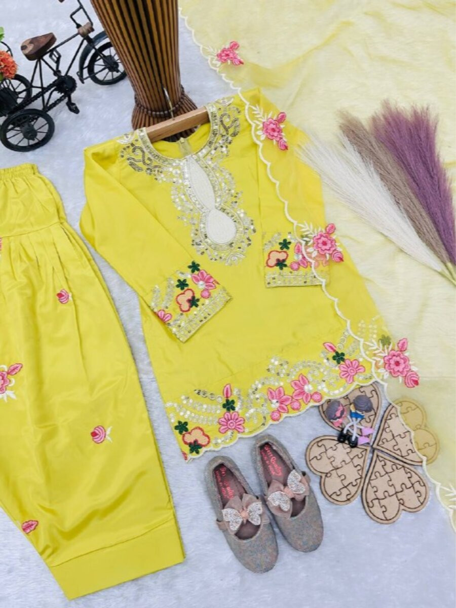 Yellow Pure Heavy Natural Crepe Embroidered Sequins Ethnic Casual Festival Party Ready Salwars Girls Wear