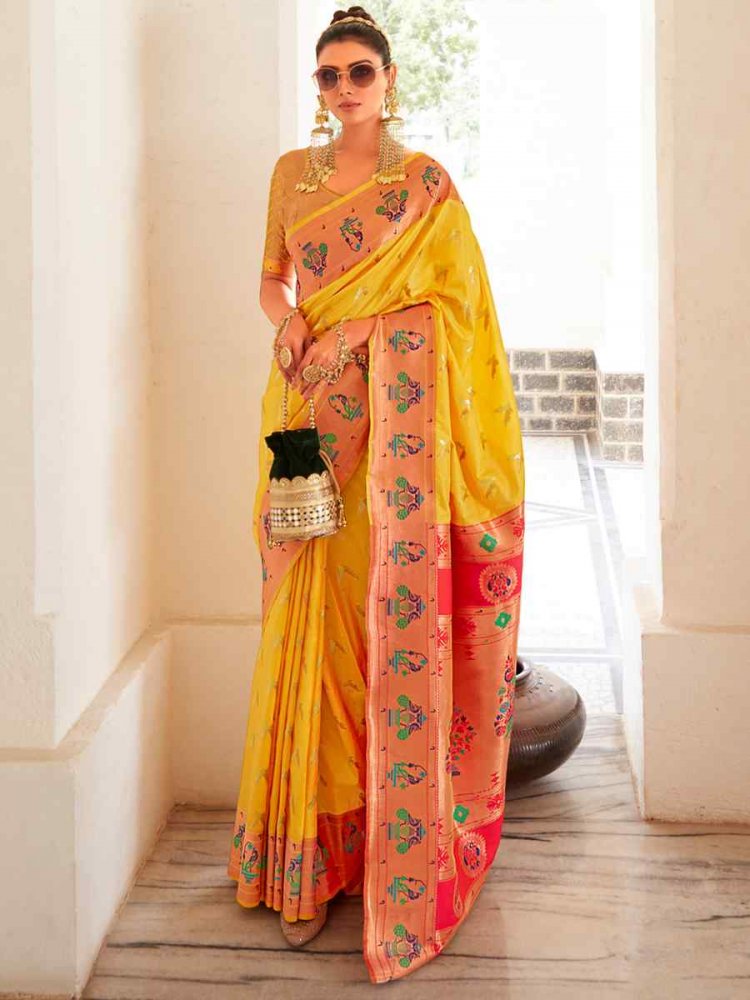 Yellow Pure Heavy Silk  Handwoven Wedding Festival Heavy Border Saree