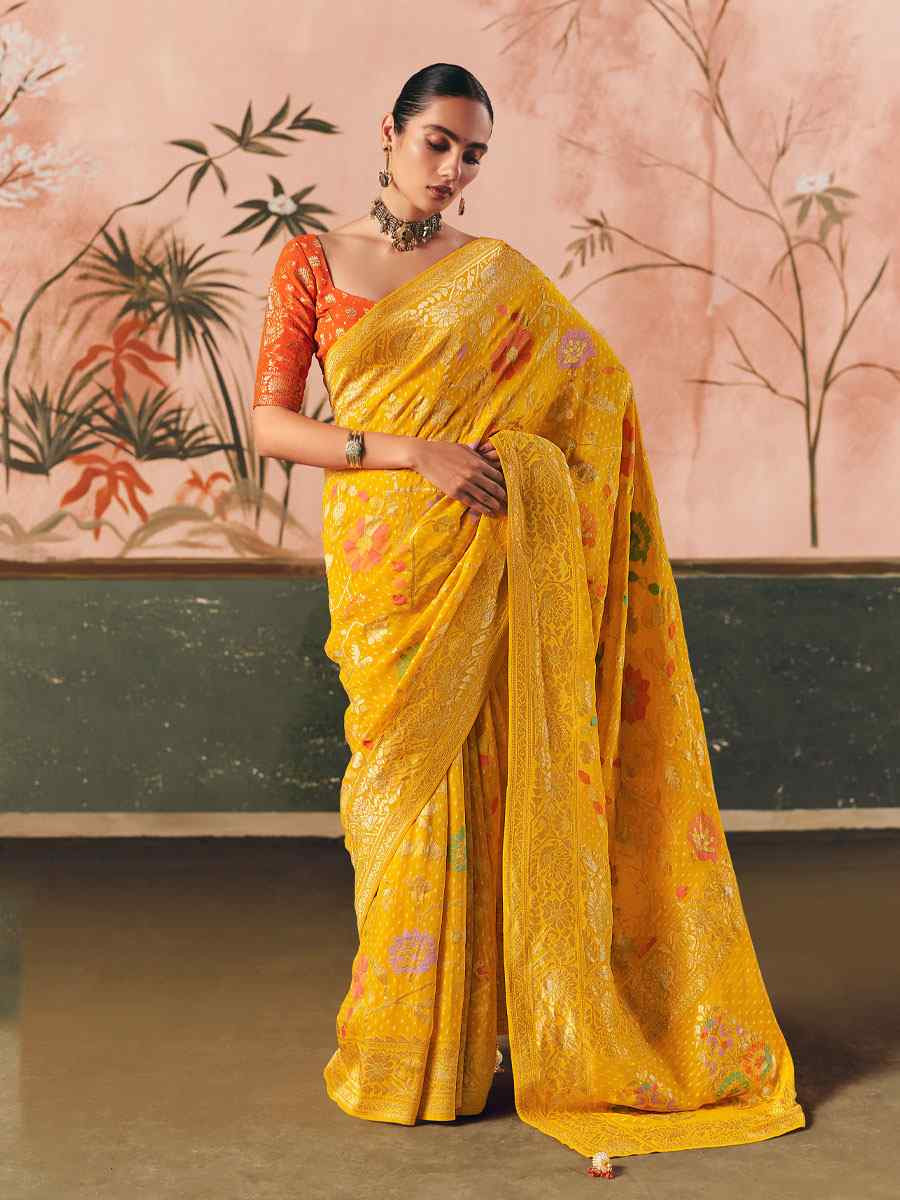 Yellow Pure Khaddi Georgette With Designer Bandhej Weaving Zari Handwoven Bridal Reception Festival Wedding Fancy Heavy Border Saree