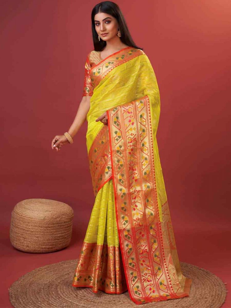 Yellow Pure Lichi Silk Handwoven Wedding Festival Heavy Border Saree