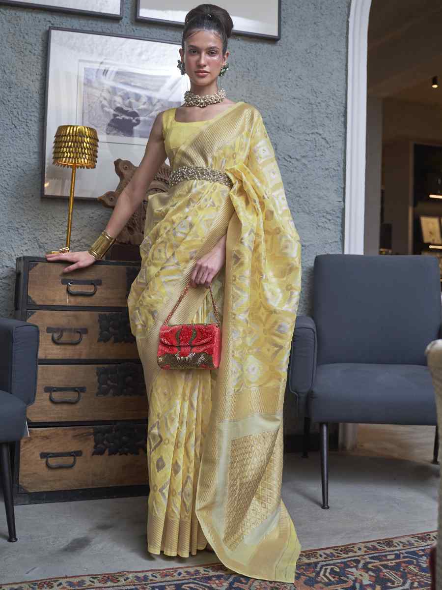 Yellow Pure Linen Handwoven Wedding Festival Heavy Border Saree