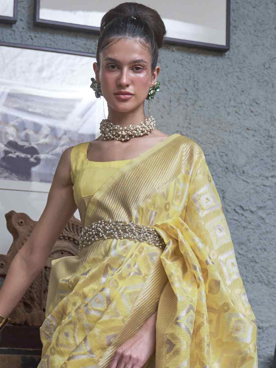 Yellow Pure Linen Handwoven Wedding Festival Heavy Border Saree