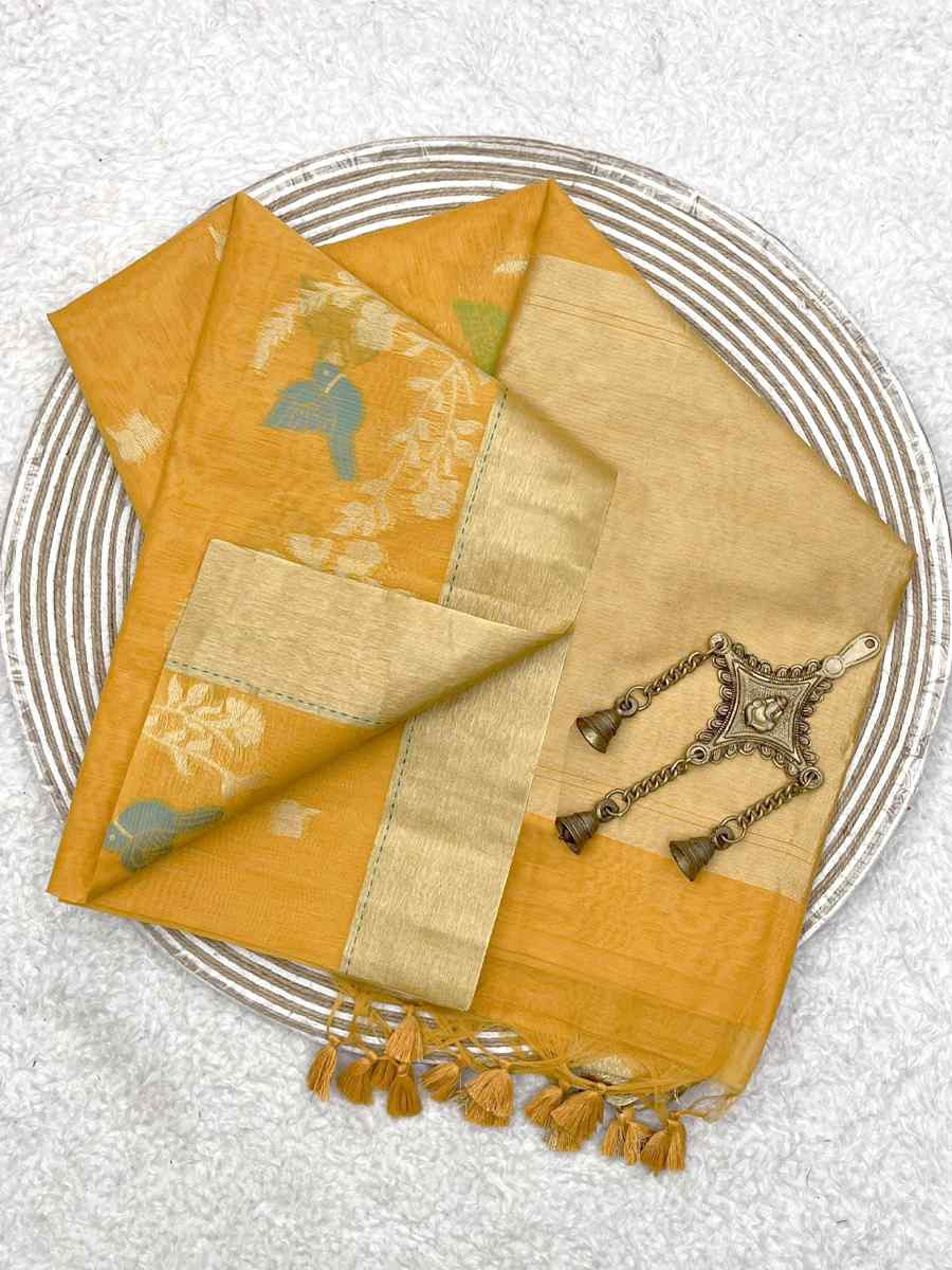 Yellow Pure Linen Silk Handwoven Zari Festival Wedding Fancy Heavy Border Saree