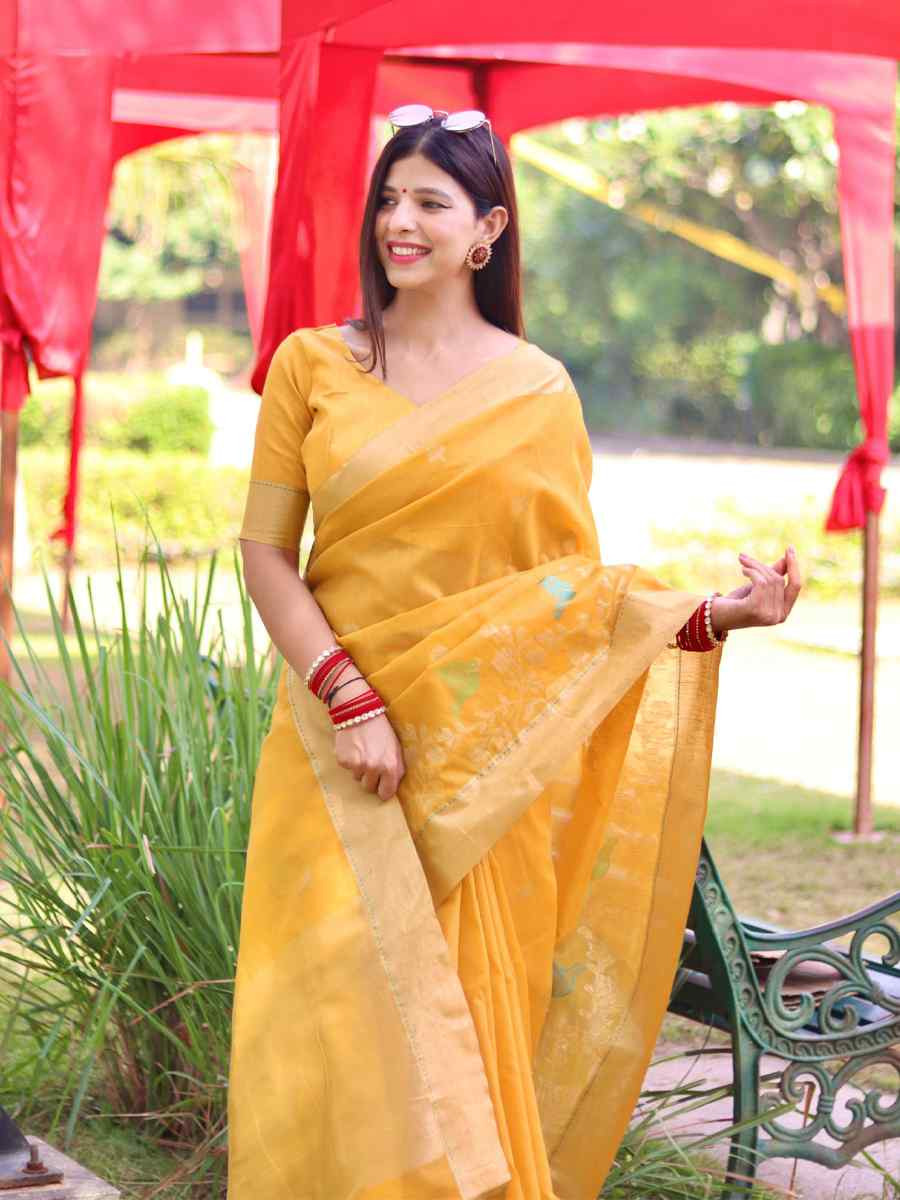 Yellow Pure Linen Silk Handwoven Zari Festival Wedding Fancy Heavy Border Saree