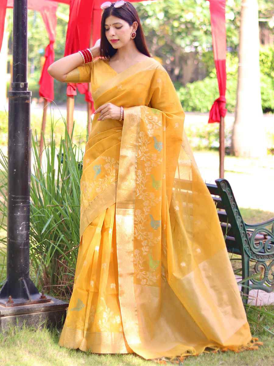 Yellow Pure Linen Silk Handwoven Zari Festival Wedding Fancy Heavy Border Saree