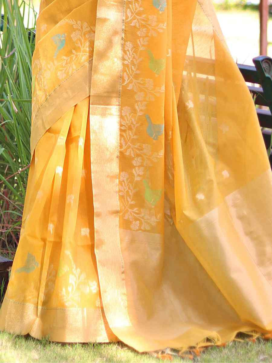 Yellow Pure Linen Silk Handwoven Zari Festival Wedding Fancy Heavy Border Saree
