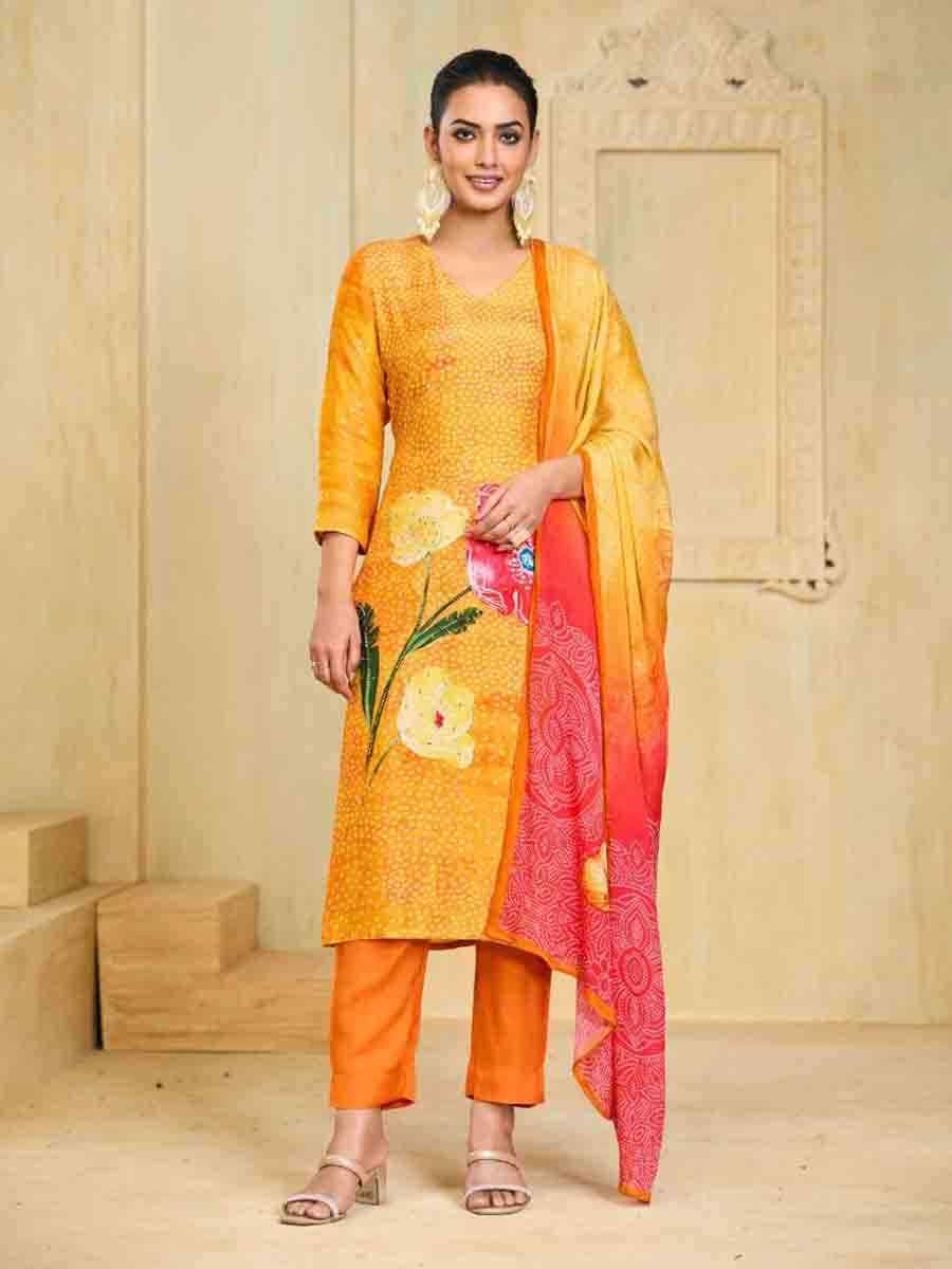 Yellow Pure Maslin Printed Festival Casual Ready Pant Salwar Kameez