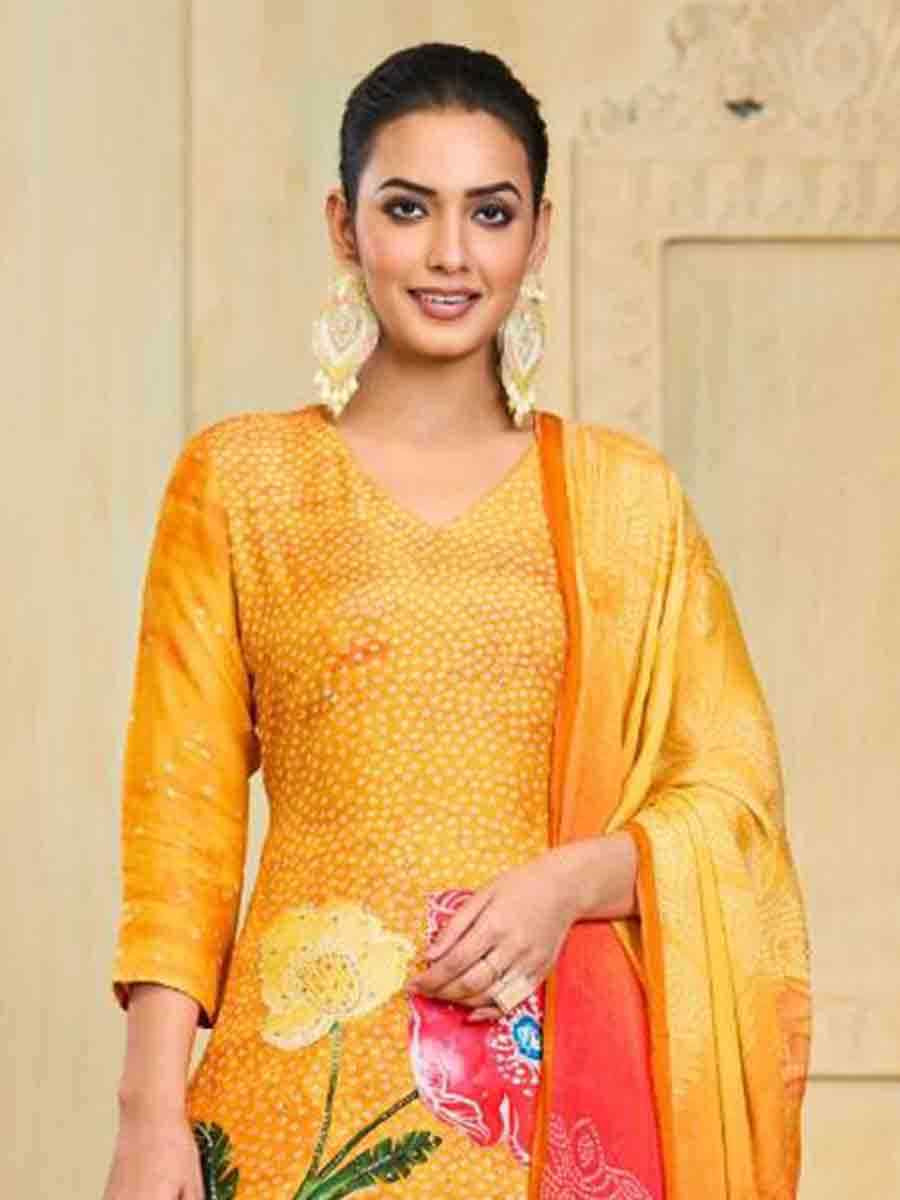 Yellow Pure Maslin Printed Festival Casual Ready Pant Salwar Kameez