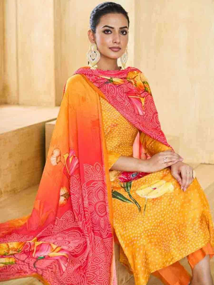 Yellow Pure Maslin Printed Festival Casual Ready Pant Salwar Kameez