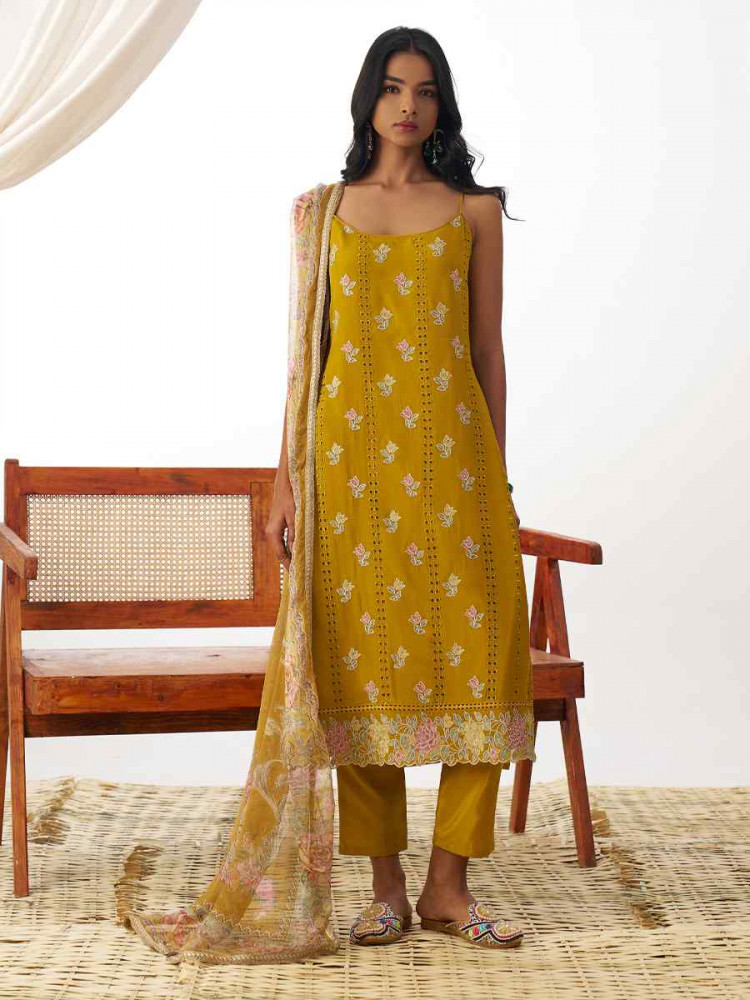 Yellow Pure Organza Embroidered Festival Casual Ready Pant Salwar Kameez