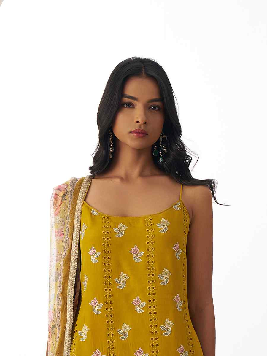 Yellow Pure Organza Embroidered Festival Casual Ready Pant Salwar Kameez
