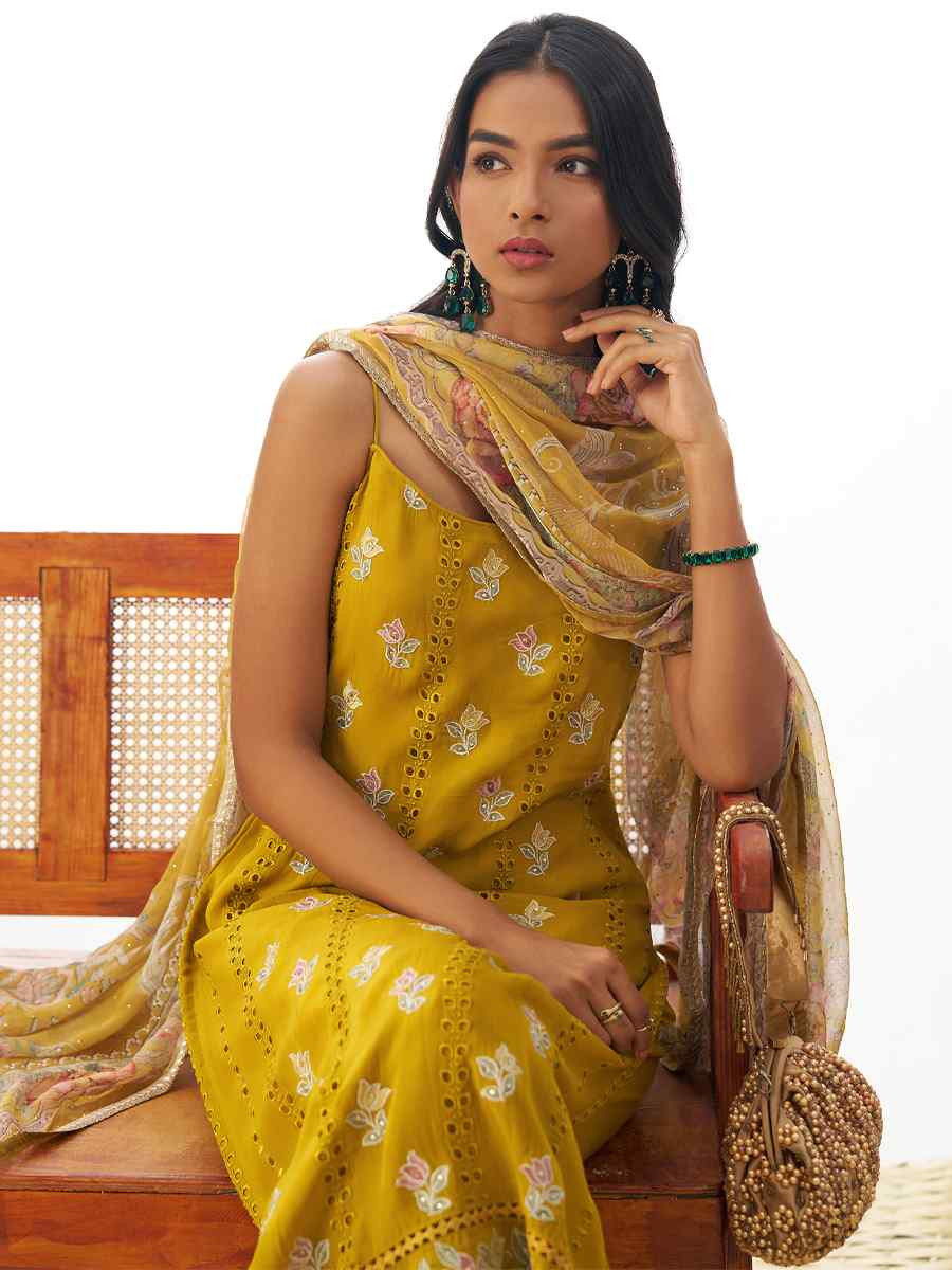 Yellow Pure Organza Embroidered Festival Casual Ready Pant Salwar Kameez