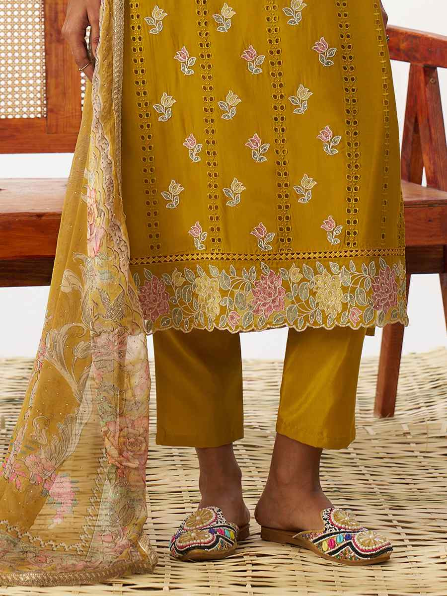Yellow Pure Organza Embroidered Festival Casual Ready Pant Salwar Kameez