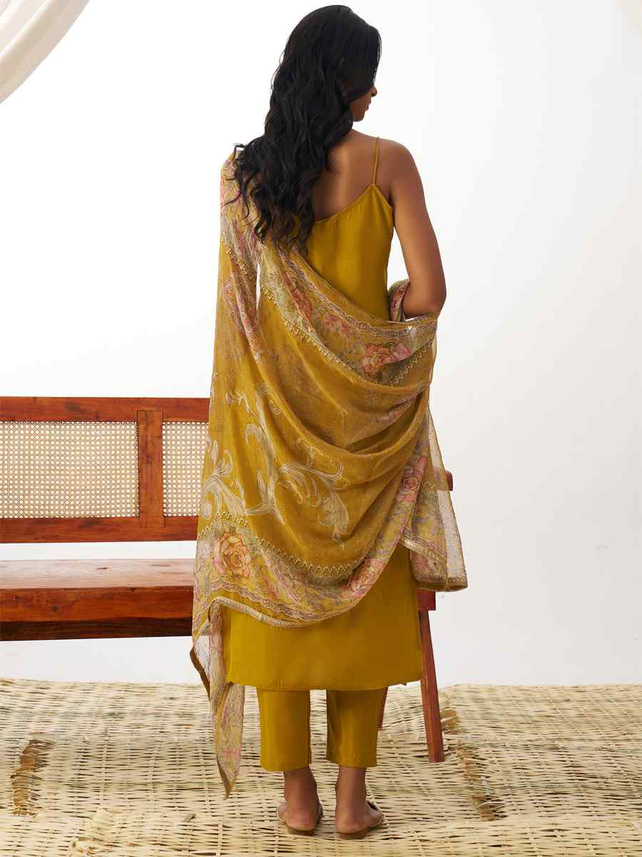 Yellow Pure Organza Embroidered Festival Casual Ready Pant Salwar Kameez