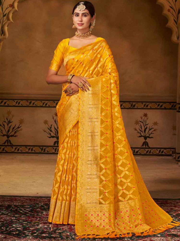 Yellow Pure Organza Silk Handwoven Wedding Festival Heavy Border Saree