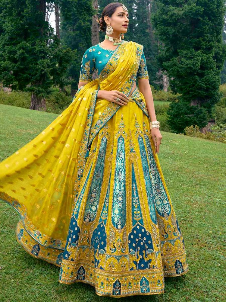 Yellow Pure Raw Silk Embroidered Bridal Wedding Heavy Border Lehenga Choli