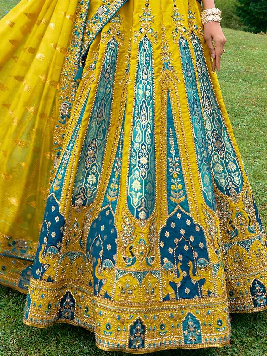 Yellow Pure Raw Silk Embroidered Bridal Wedding Heavy Border Lehenga Choli