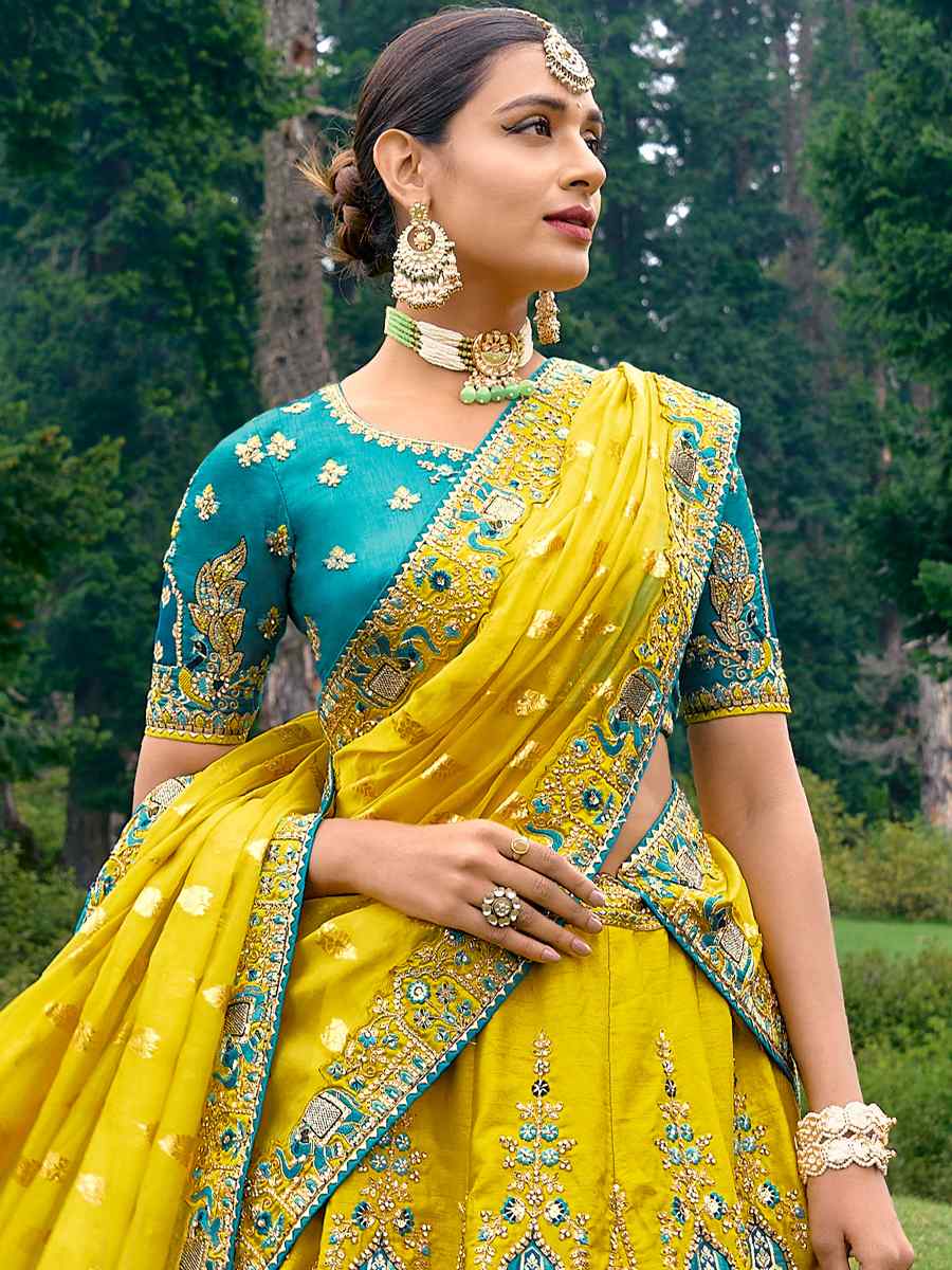 Yellow Pure Raw Silk Embroidered Bridal Wedding Heavy Border Lehenga Choli