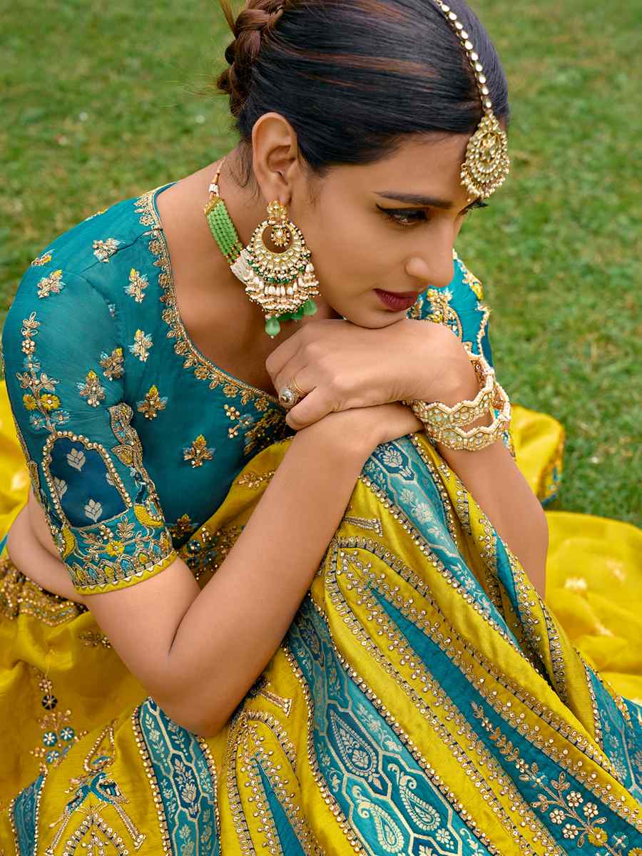 Yellow Pure Raw Silk Embroidered Bridal Wedding Heavy Border Lehenga Choli