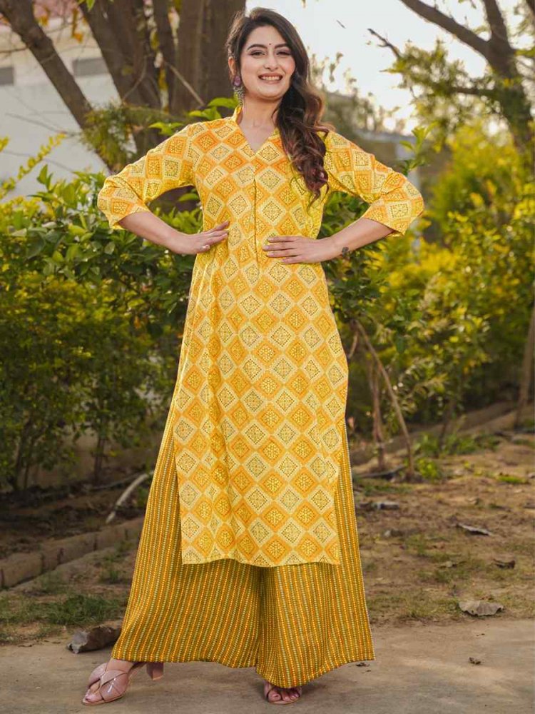 Yellow Pure Royan Printed Festival Casual Kurti with Bottom