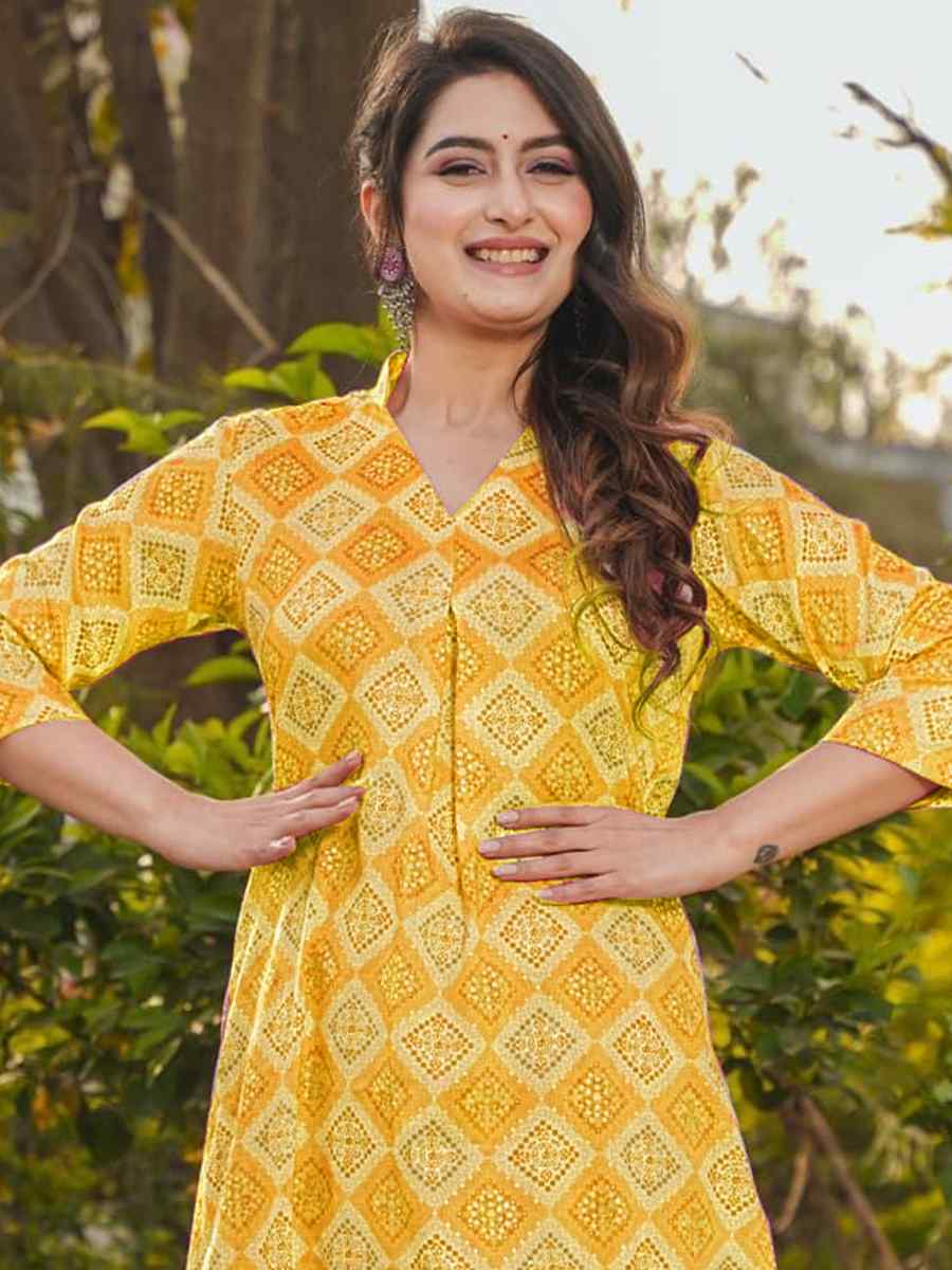 Yellow Pure Royan Printed Festival Casual Kurti with Bottom