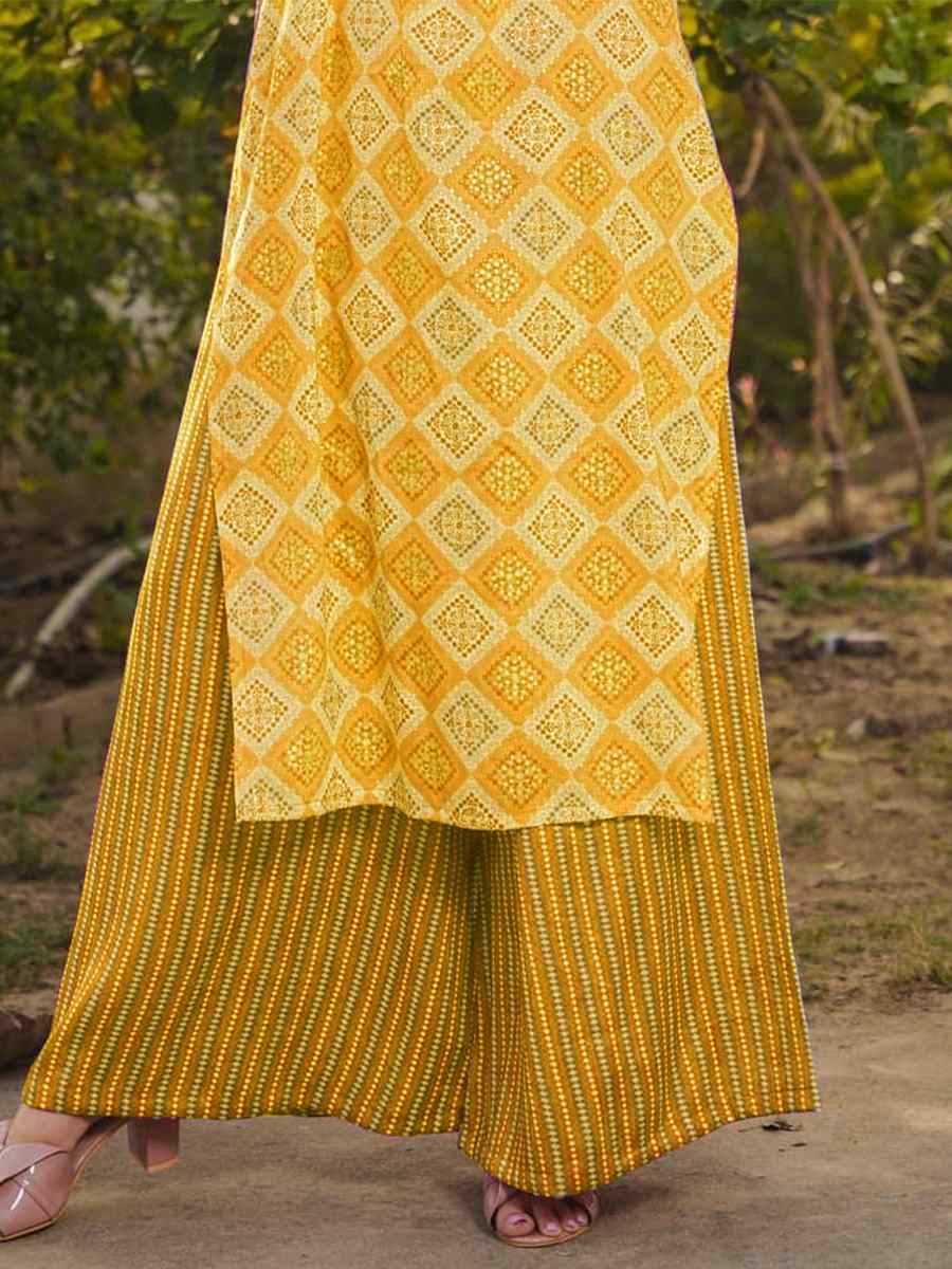 Yellow Pure Royan Printed Festival Casual Kurti with Bottom