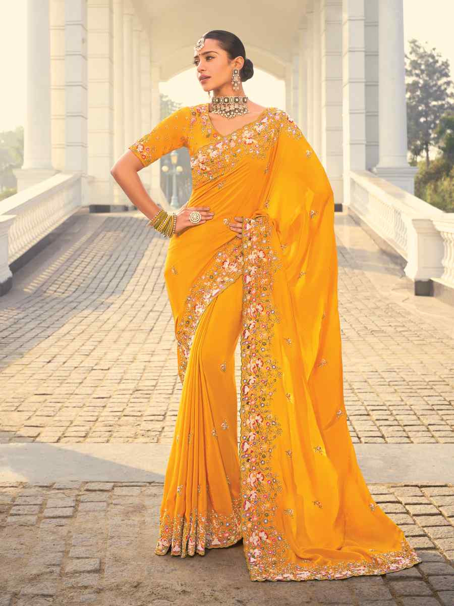 Yellow Pure Silk Embroidered Festival Party Classic Style Saree