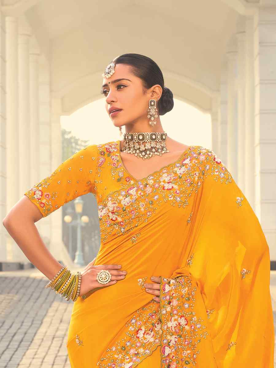 Yellow Pure Silk Embroidered Festival Party Classic Style Saree