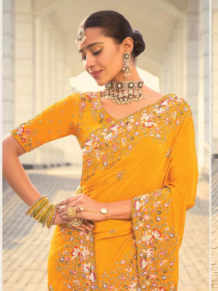Yellow Pure Silk Embroidered Festival Party Classic Style Saree
