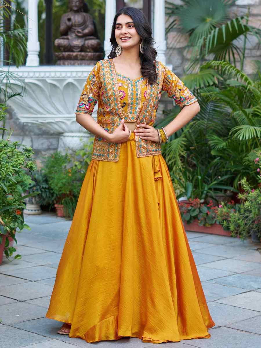 Yellow Pure Vichitra Silk Embroidery Party Wedding Festival Casual Ready Jacket Lehenga Choli