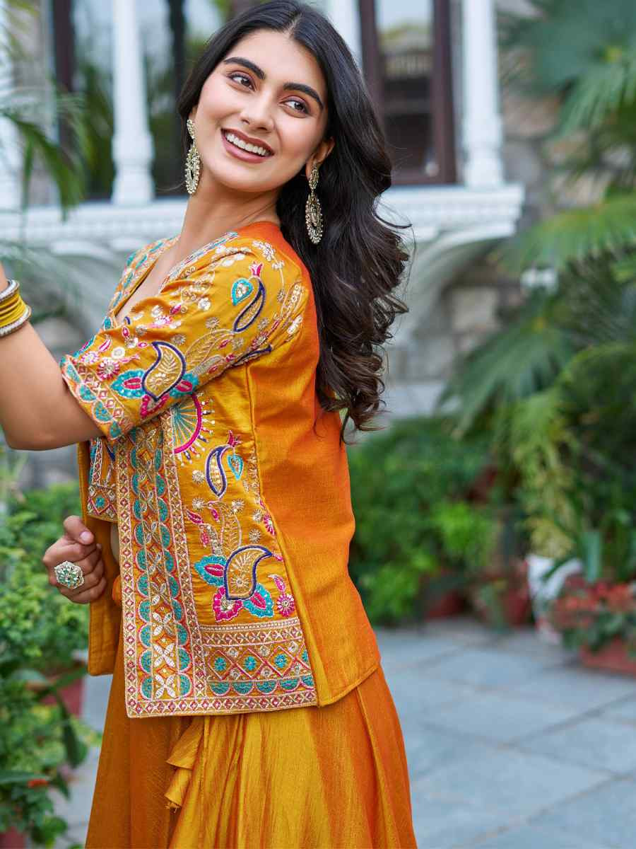 Yellow Pure Vichitra Silk Embroidery Party Wedding Festival Casual Ready Jacket Lehenga Choli