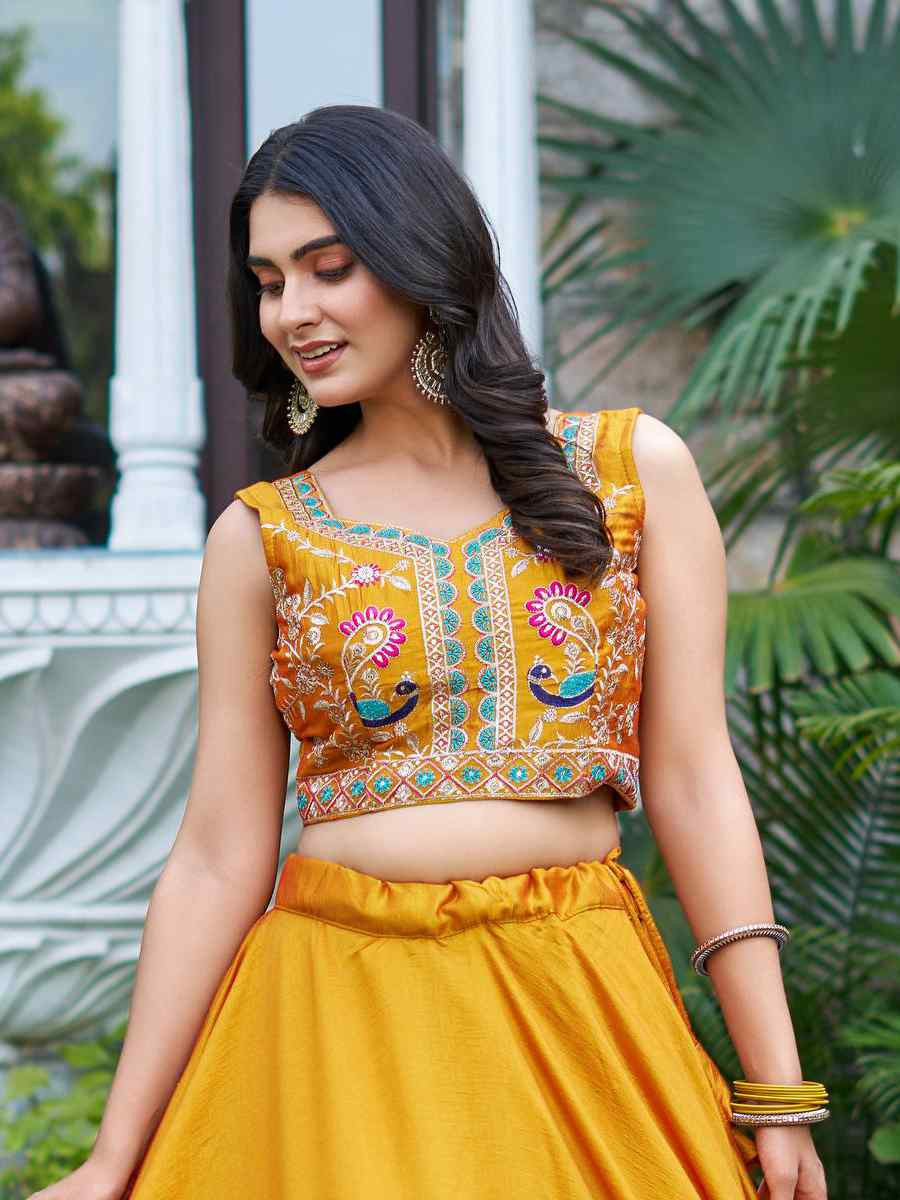 Yellow Pure Vichitra Silk Embroidery Party Wedding Festival Casual Ready Jacket Lehenga Choli
