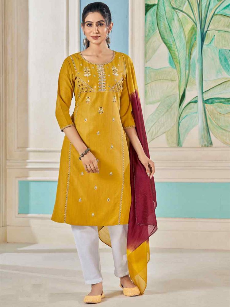 Yellow Pure Viscose Embroidered Festival Casual Ready Pant Salwar Kameez