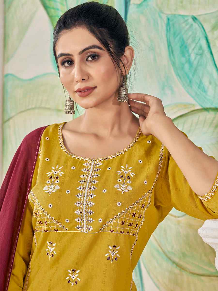 Yellow Pure Viscose Embroidered Festival Casual Ready Pant Salwar Kameez