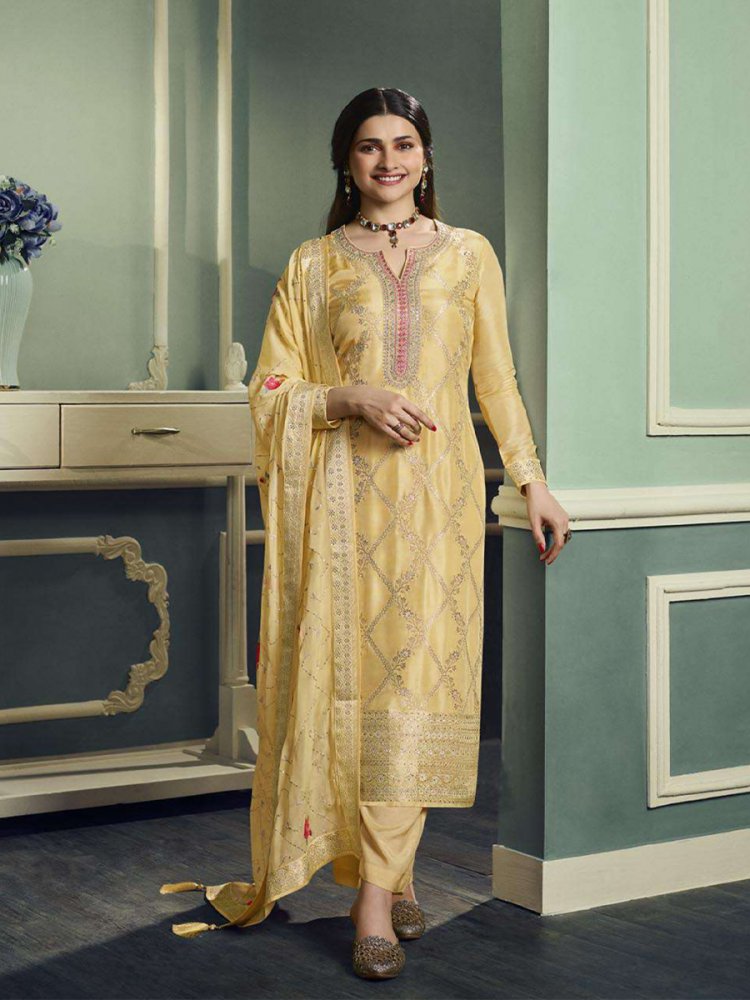 Yellow Pure Viscose Jacquard Embroidered Festival Mehendi Pant Bollywood Style Salwar Kameez