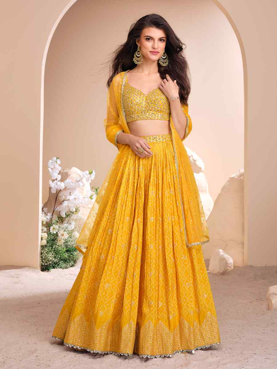 Yellow Pure Viscose Jacquard Silk Embroidery Wedding Reception Party Wear Heavy Border Lehenga Choli