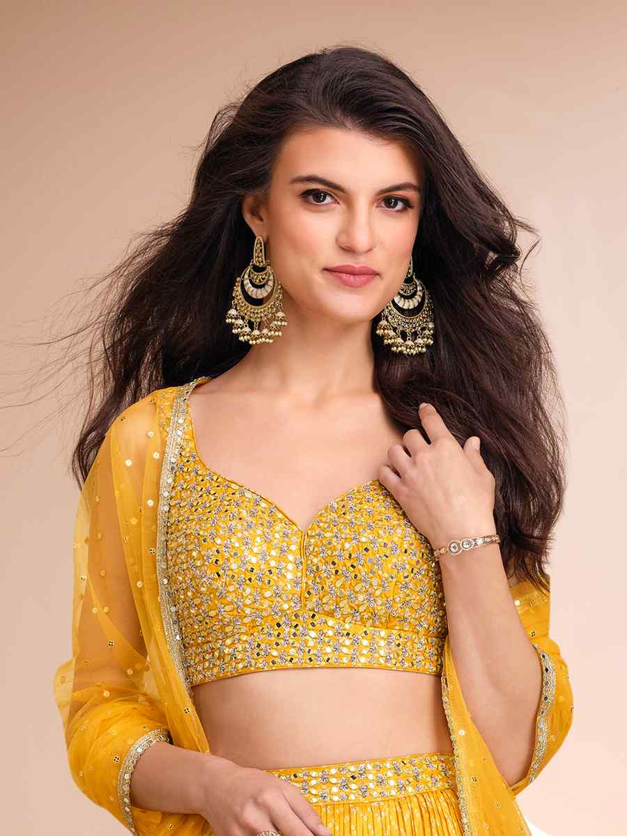 Yellow Pure Viscose Jacquard Silk Embroidery Wedding Reception Party Wear Heavy Border Lehenga Choli