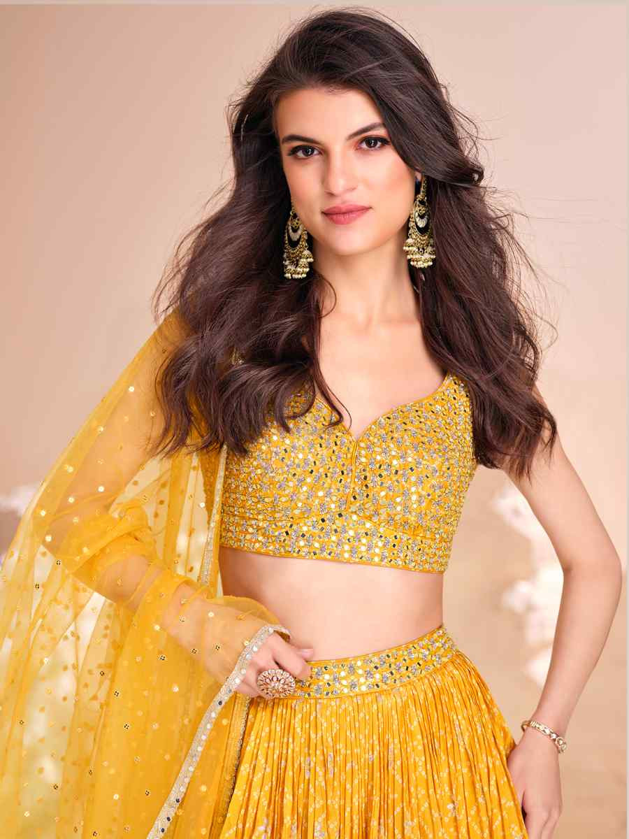 Yellow Pure Viscose Jacquard Silk Embroidery Wedding Reception Party Wear Heavy Border Lehenga Choli