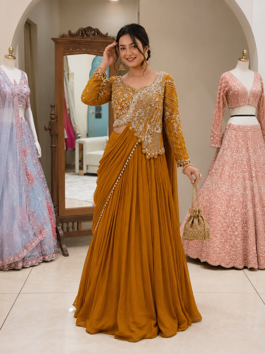 Yellow Rangoli Silk Embroidery Zari Sequins Wedding Reception Party Festival Circular Lehenga Choli