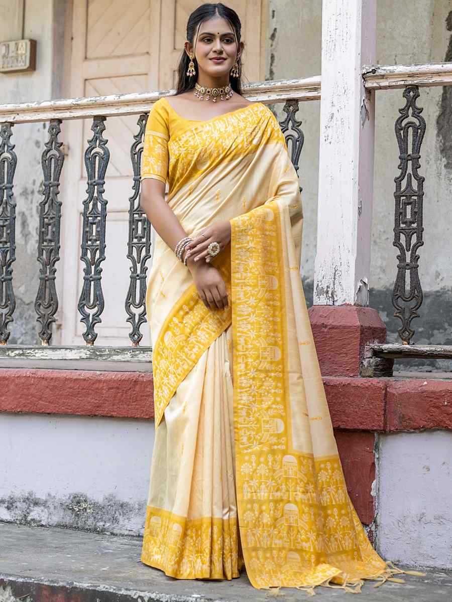 Yellow Raw Silk Handwoven Casual Festival Classic Style Saree
