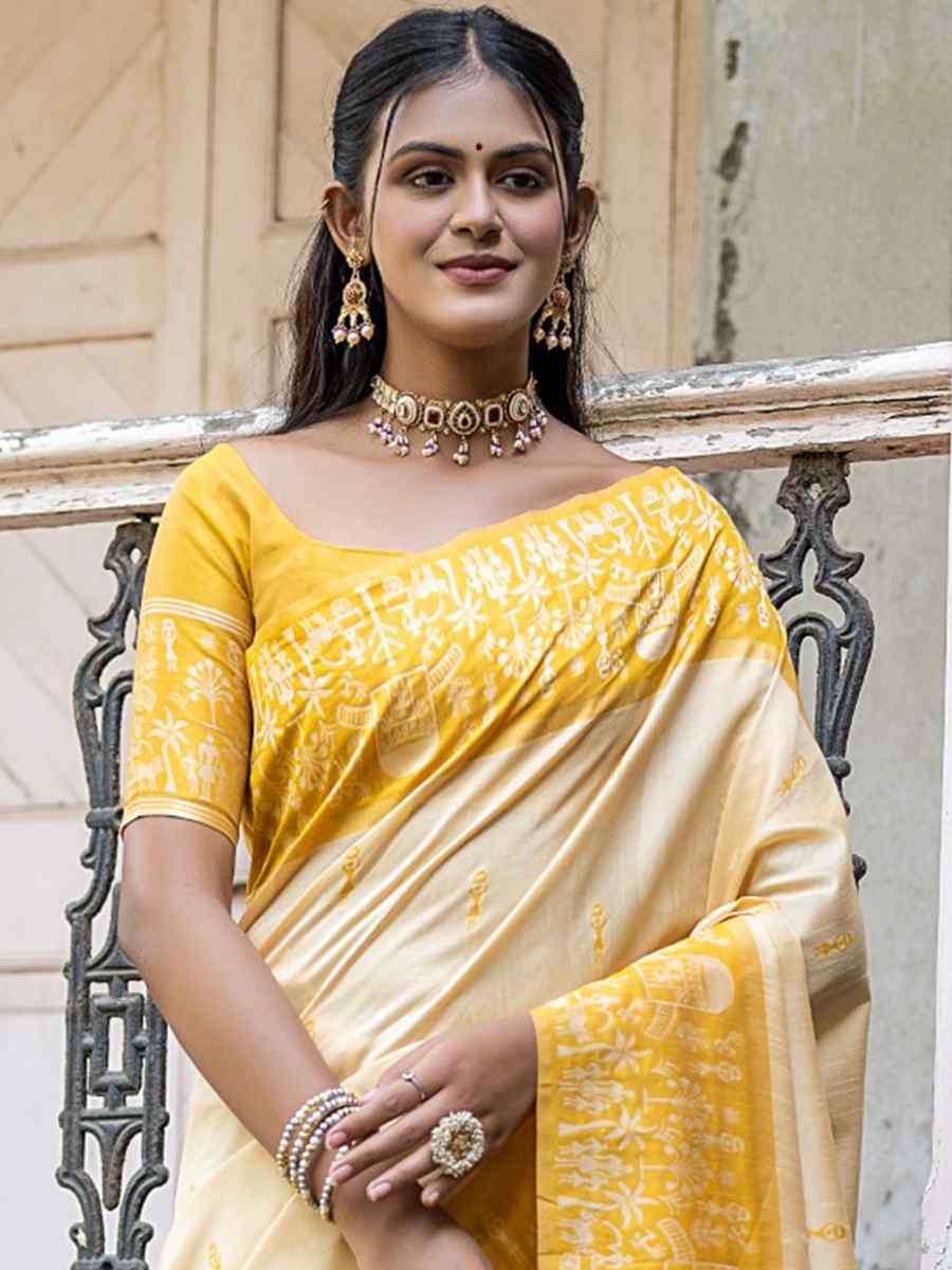 Yellow Raw Silk Handwoven Casual Festival Classic Style Saree