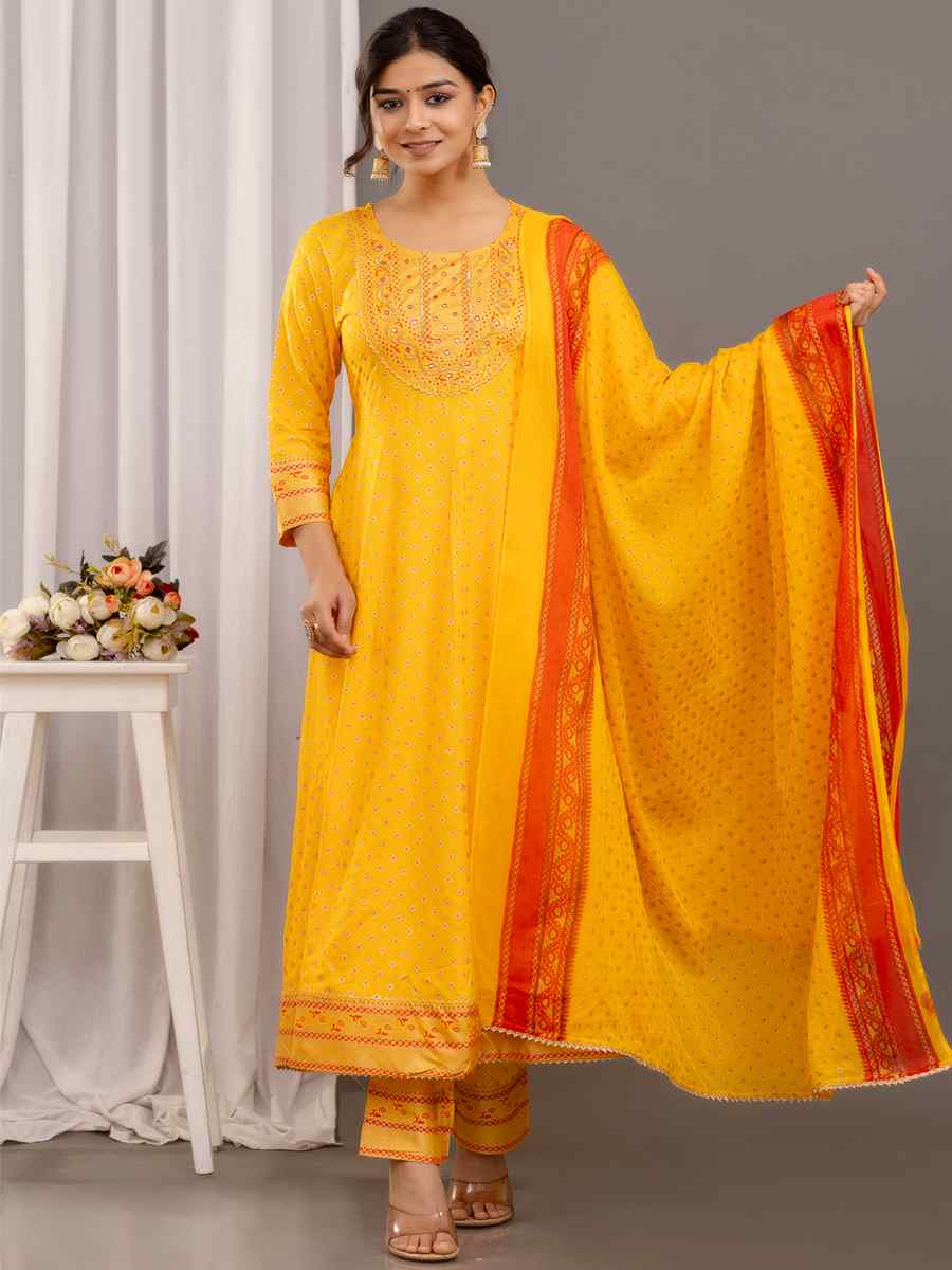Yellow Rayon Cotton Printed Casual Festival Pant Salwar Kameez