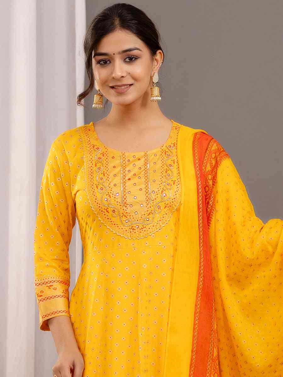 Yellow Rayon Cotton Printed Casual Festival Pant Salwar Kameez