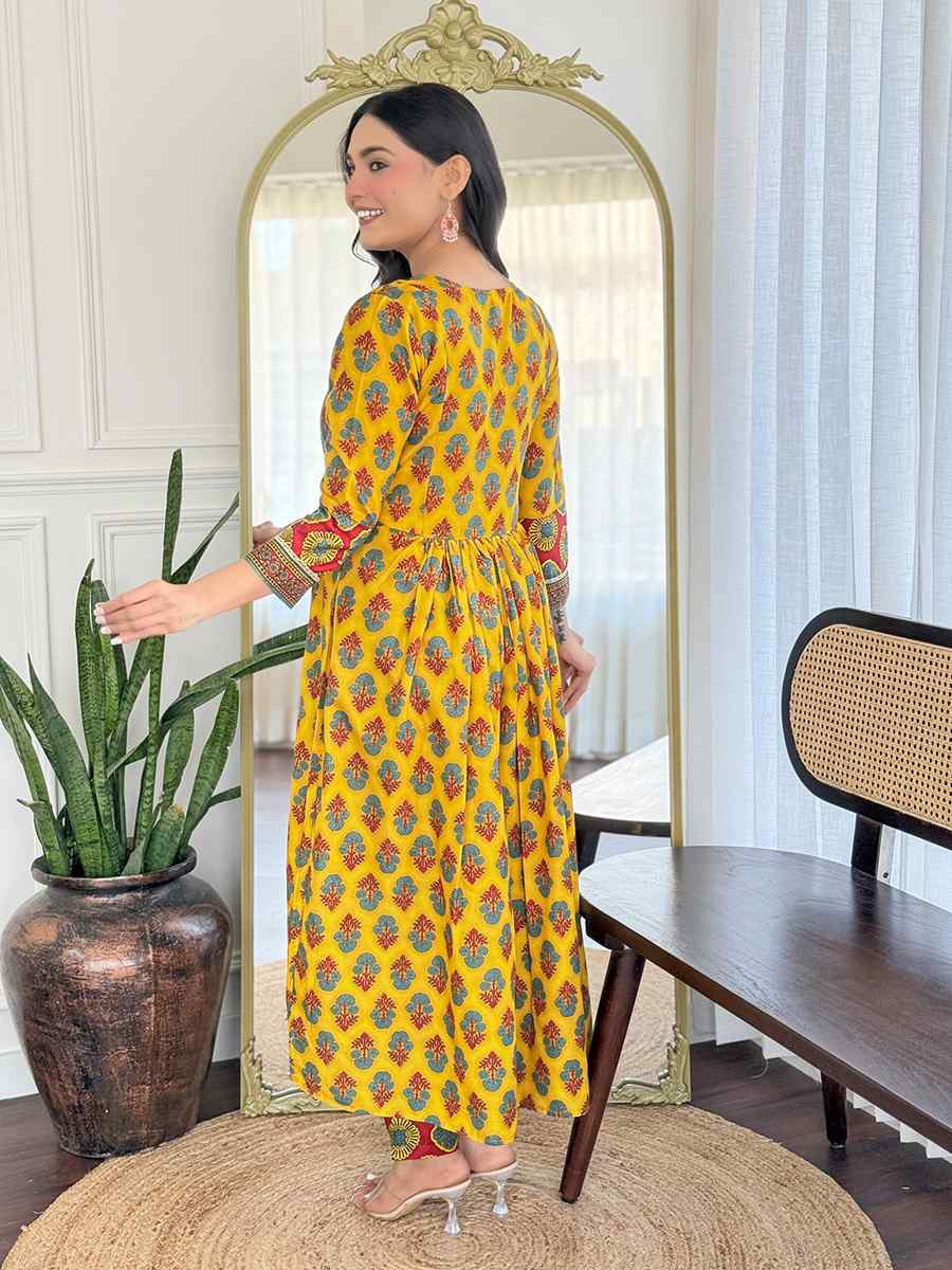Yellow Rayon Embroidered Festival Casual Ready Pant Salwar Kameez