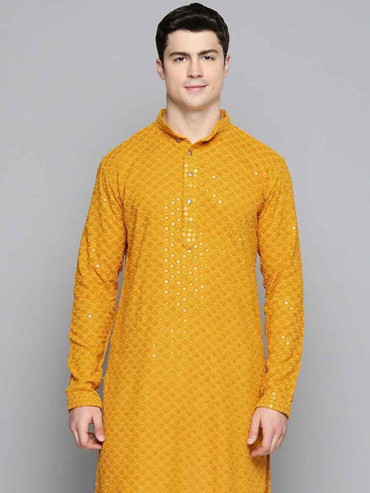 Yellow Rayon Embroidered Festival Party Kurta