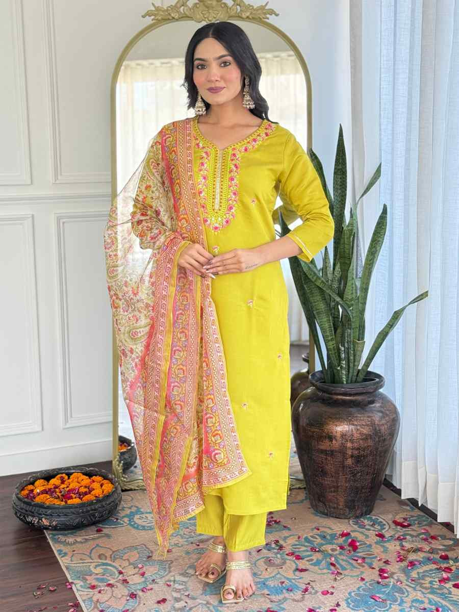Yellow Rayon Embroidery Party Wedding Festival Casual Ready Pant Salwar Kameez