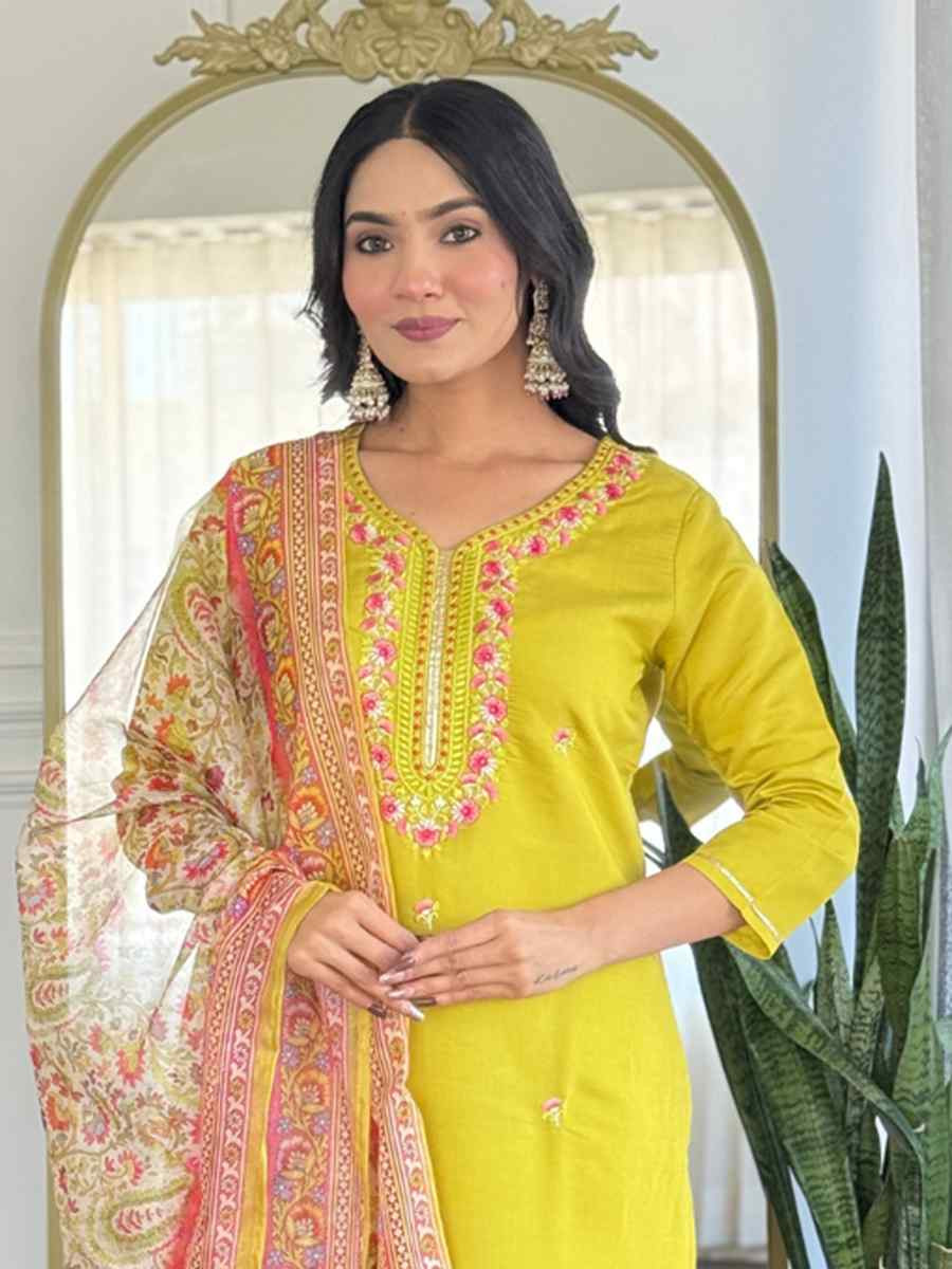 Yellow Rayon Embroidery Party Wedding Festival Casual Ready Pant Salwar Kameez