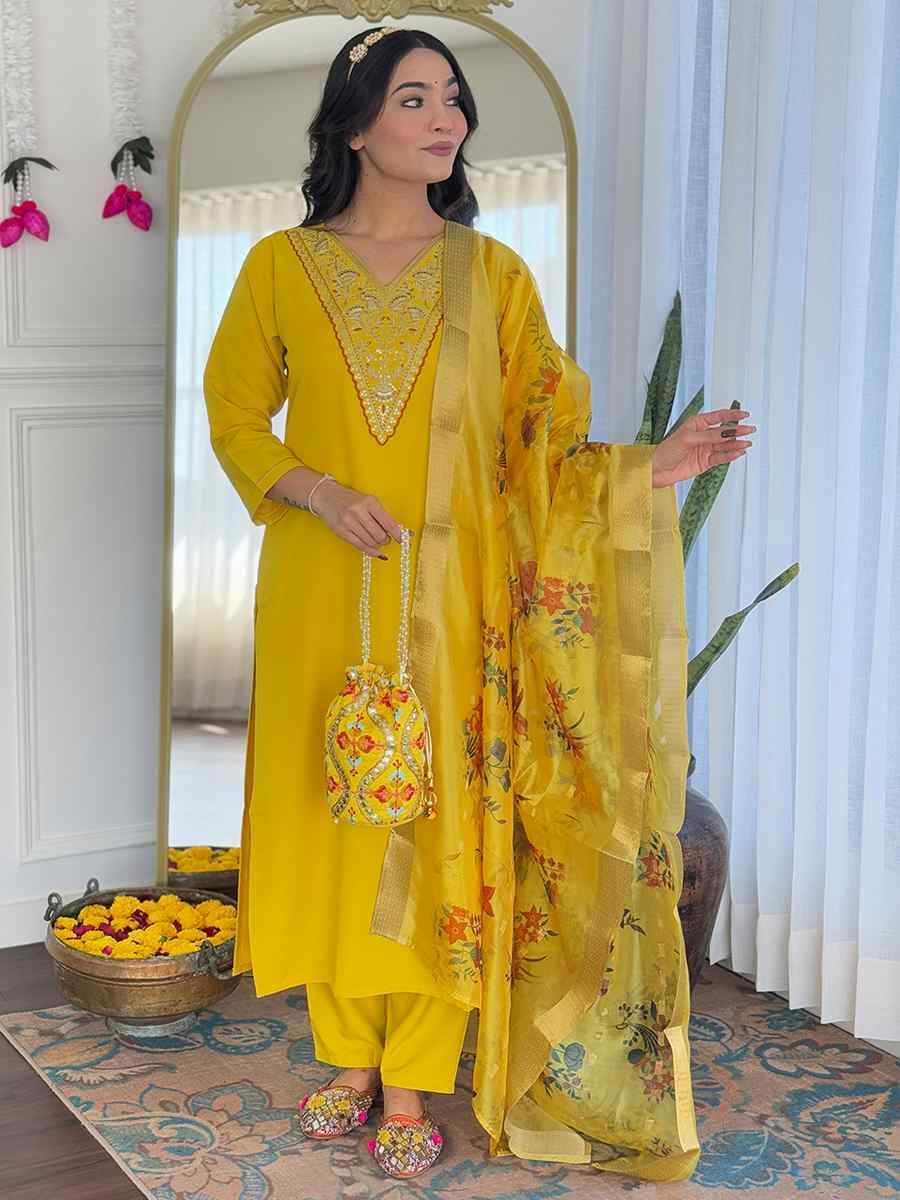 Yellow Rayon Embroidery Party Wedding Festival Casual Ready Pant Salwar Kameez